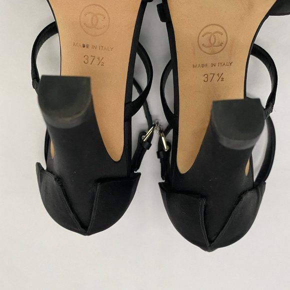 Chanel Black Satin Interlocking CC Logo T-Strap Sandals With 4.5 Inch Heel - Picture 4 of 7